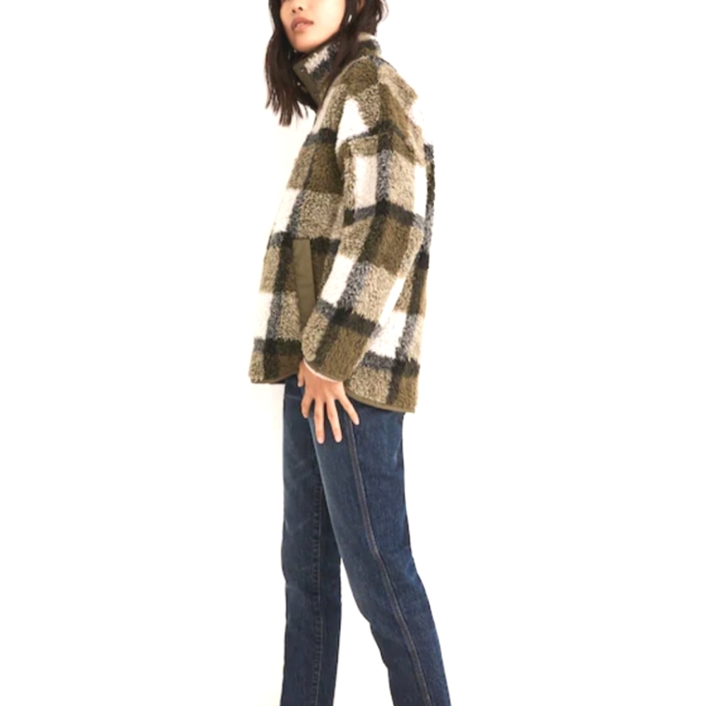 Madewell Olive Plaid Sherpa Popover Tunic Fleece Jacket, Size S - Picture 10 of 10